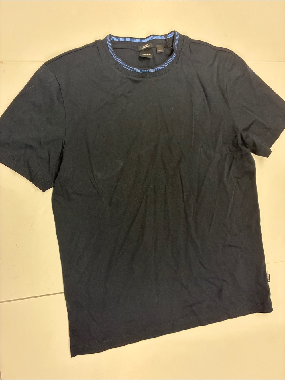 NEW Boss Men's Navy Short Sleeve Crewneck T-Shirt with Blue-Trim Size Medium